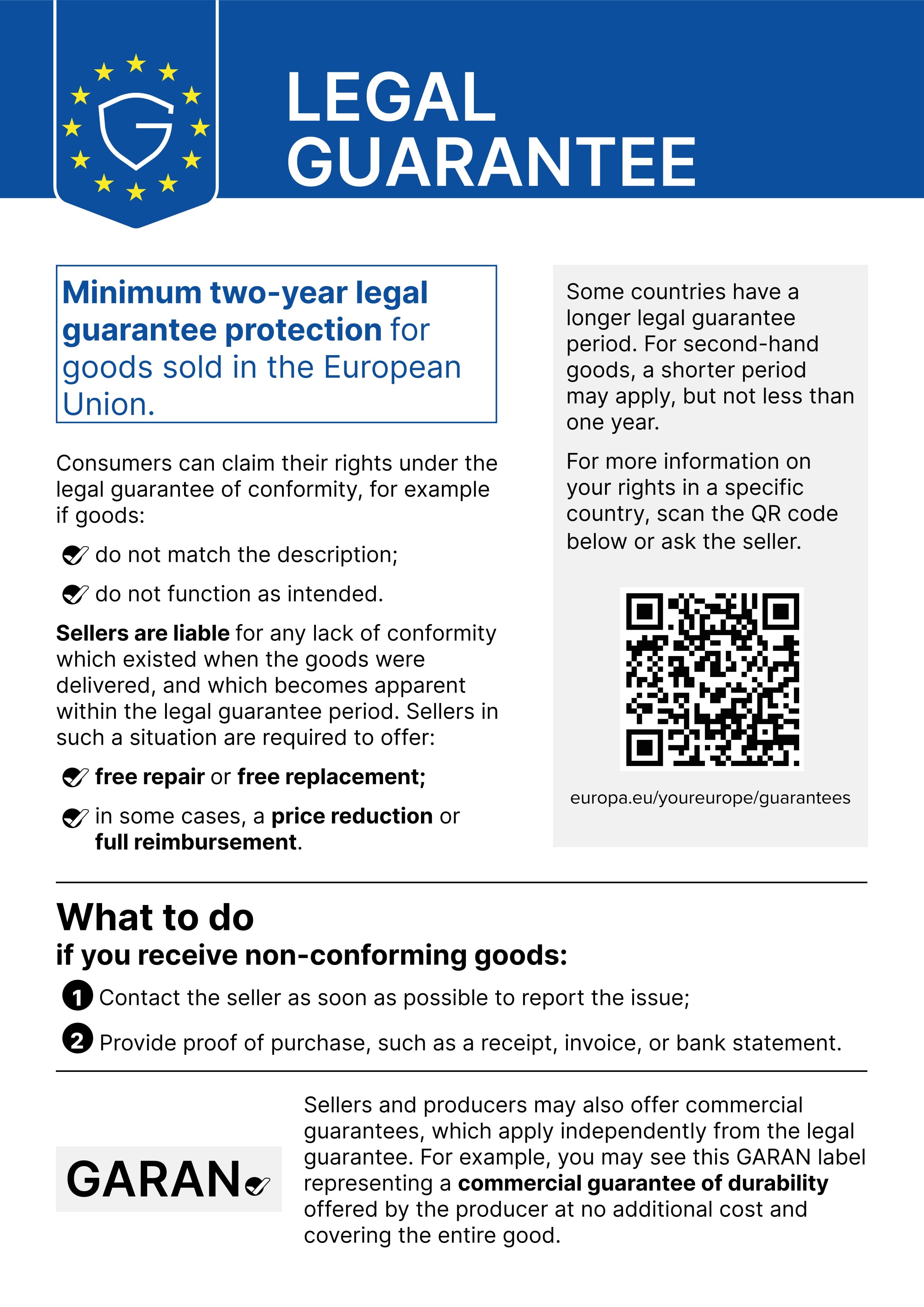 Legal guarantee: minimum two-year legal guarantee protection for goods sold in the European Union
